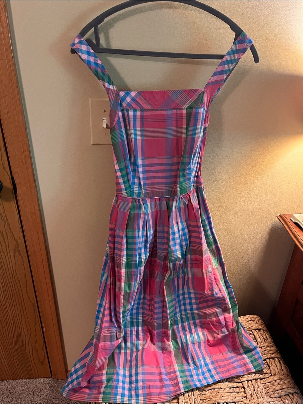 J. Crew Pink Plaid Midi Dress with Blue and Green Stripes Madras